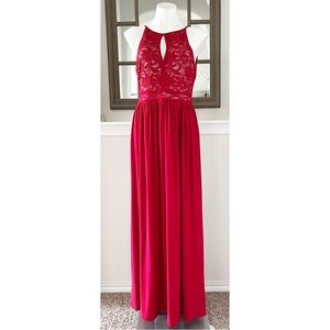 Night Way Halter Maxi Dress w/Lace Detail & Keyhole at Front Size 14